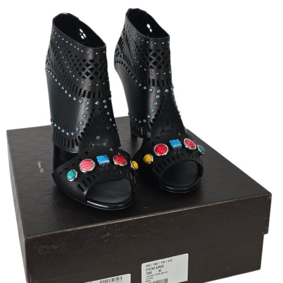 Gucci Lika Laser Cut Black Leather Jewel Studded Heeled Open Toe Booties 40 - Picture 1 of 15